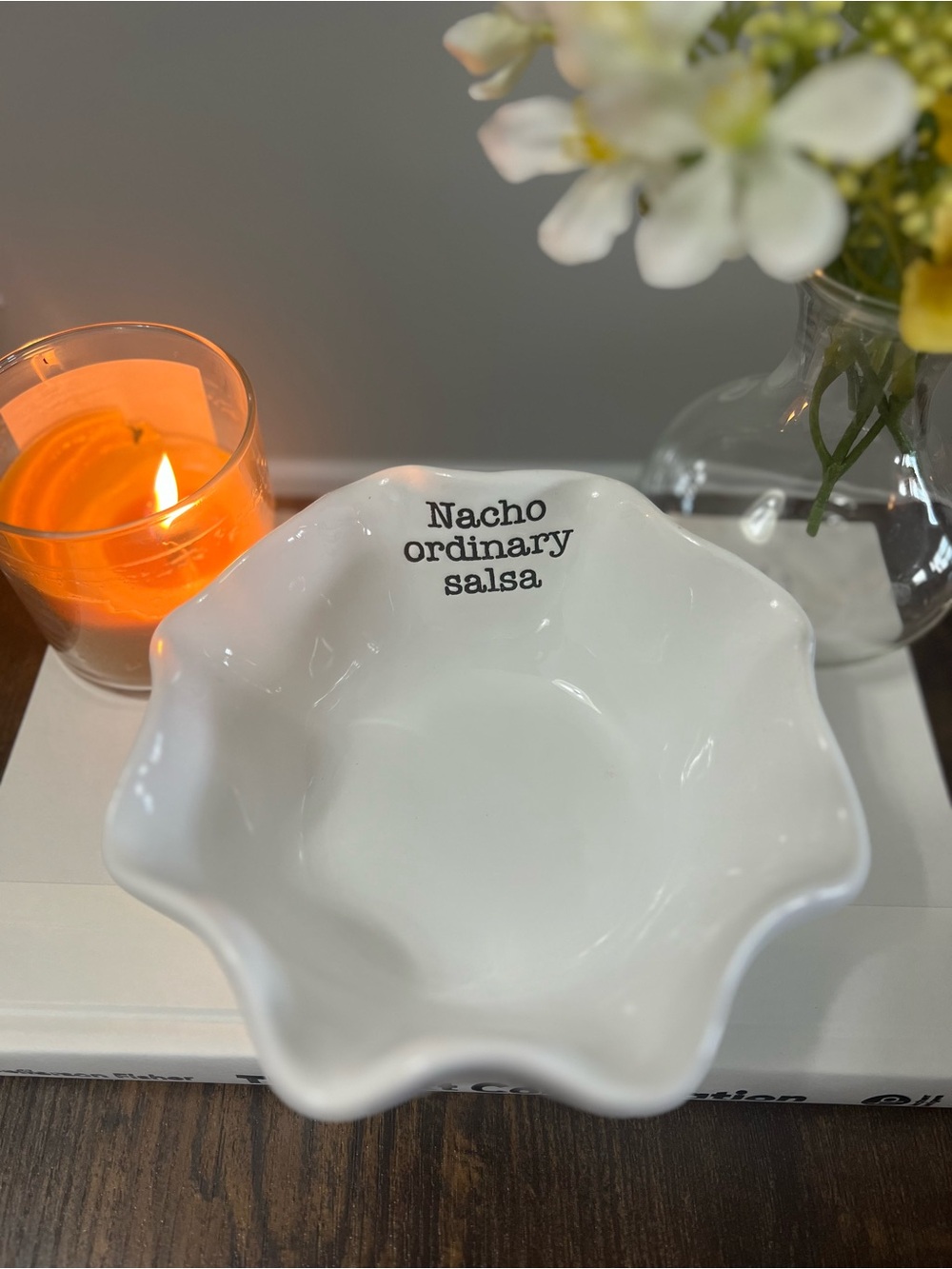 Mud Pie White Ruffled Chip & Salsa Bowl with Playful Text